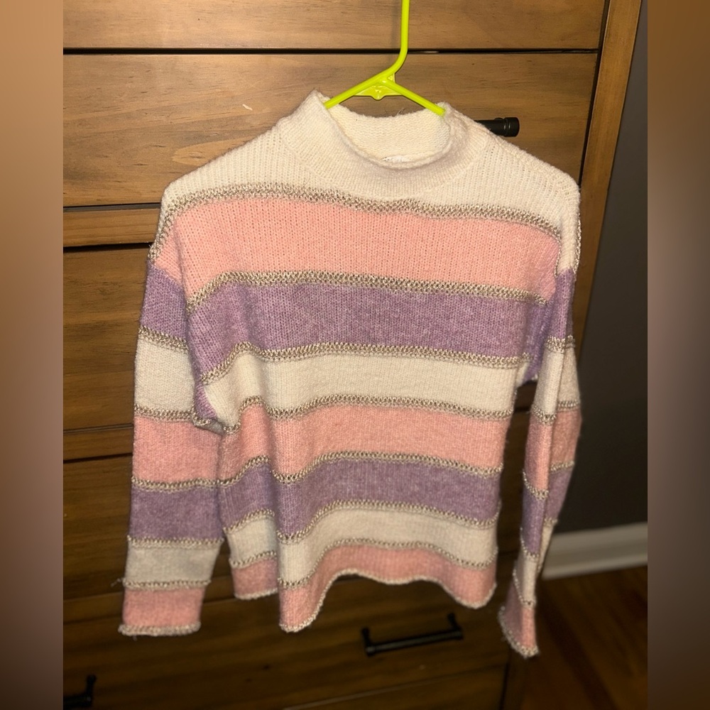 THML Cream, Pink, and Purple Striped Turtleneck Sweater